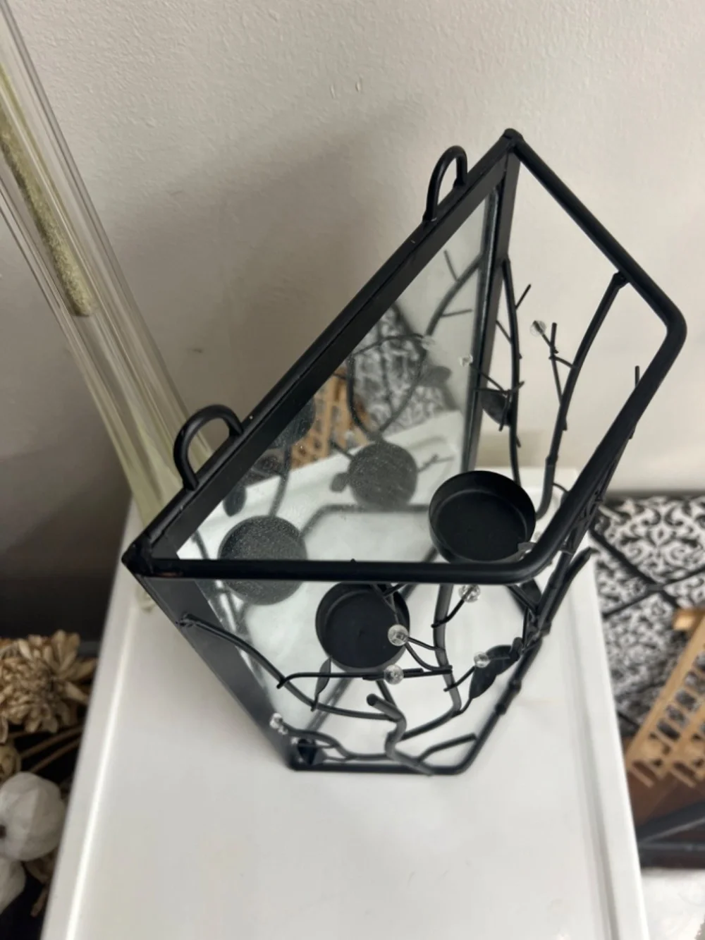 Tea Light Candle Holder w/Ghostly/Witch and House in the Forest Done on Mirror